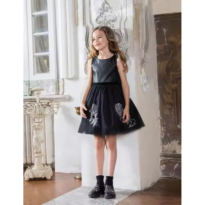 Customized Brand Fashion Sequin Tutu and Pu Leather Dress for Girls