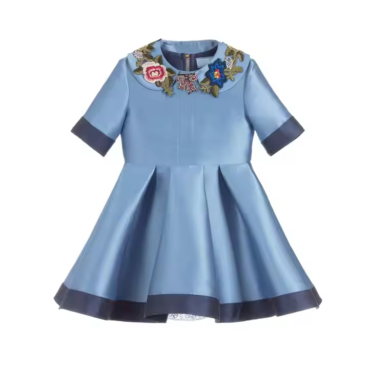 2025 Latest Fashion Satin Dress for Girls Spring Season Round Neck with Flower Patches 30 Years Children's Clothing Factory