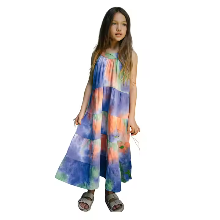 Customizable Summer Tie-Dye Sleeveless Maxi Dress for Girls Aged 6 to 14 Washable Muslin Material Ruffles Decoration ODM Supply