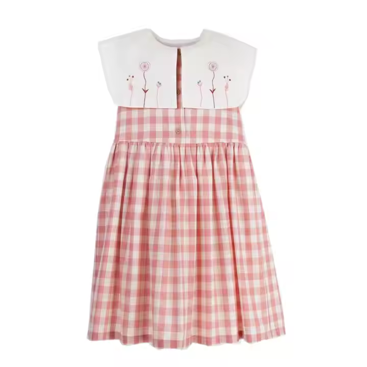 Wholesale Embroidery Girl Gingham Check Dress with Collars Summer Knee-Length Floral Woven Fabric ODM OEM Options for Children