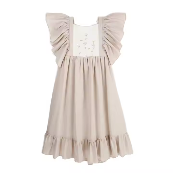 Guangzhou Factories for Children Clothing OEM ODM Quality Girl Frills Dress Casual Vintage Cotton Linen Ruffle Dress Girls
