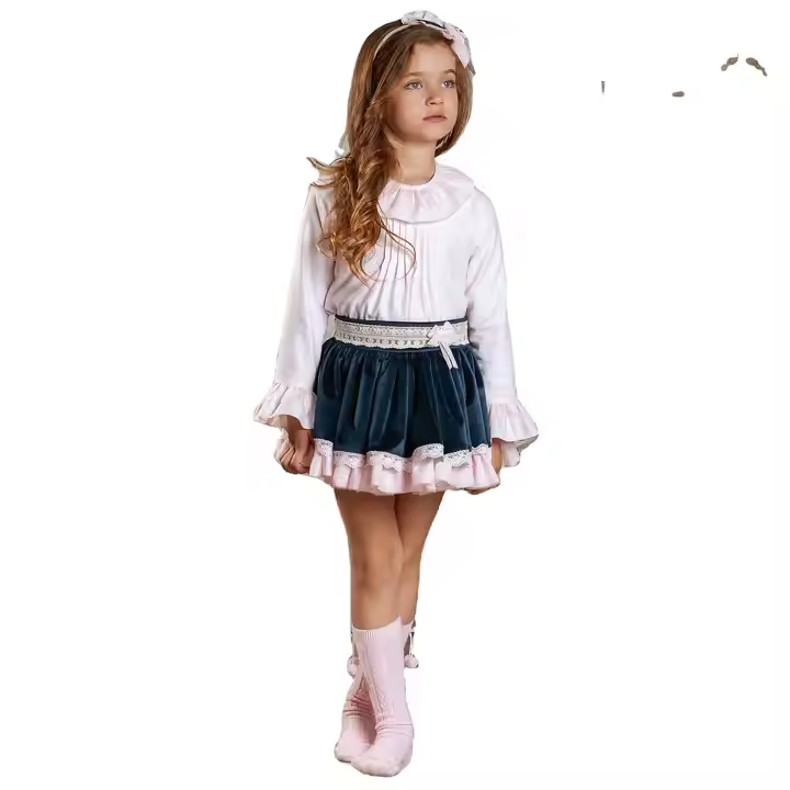 Pink Denim Pleated Mini Skirt for Girls Casual Child Full Dress With Short Sleeves and Ruffles for Summer-15 Years and Above