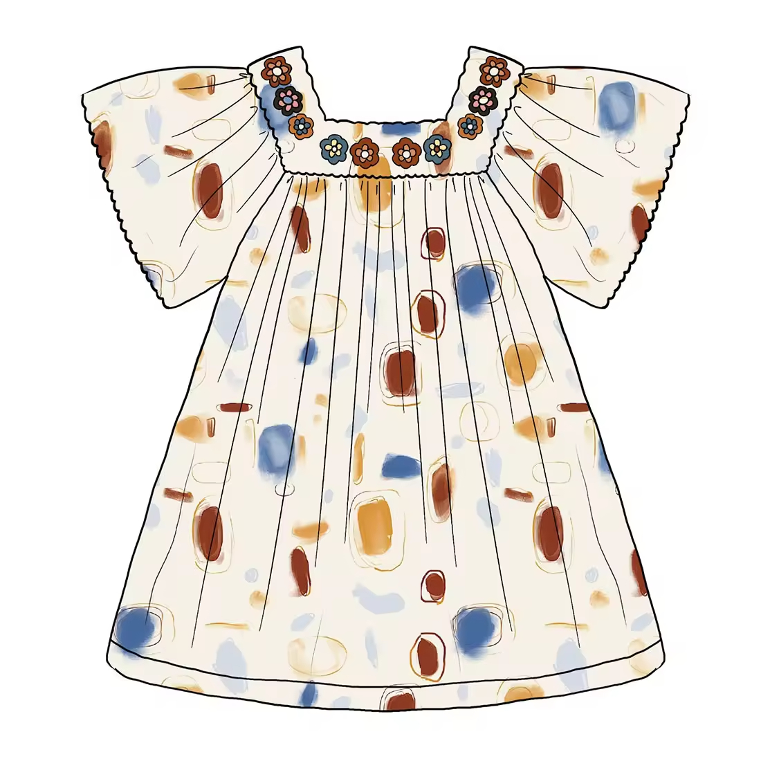 Girls' Cotton Floral Dress Casual A-Line Short Sleeve Kurti O-Neck With Flower Decoration for Children 15 Years Below for Summer