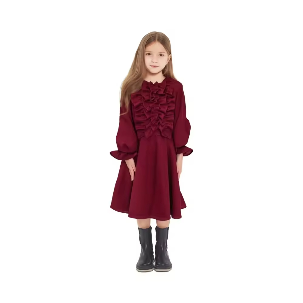 Fashion baby clothes red puff sleeves girl dress with bow baby girls princess party dress