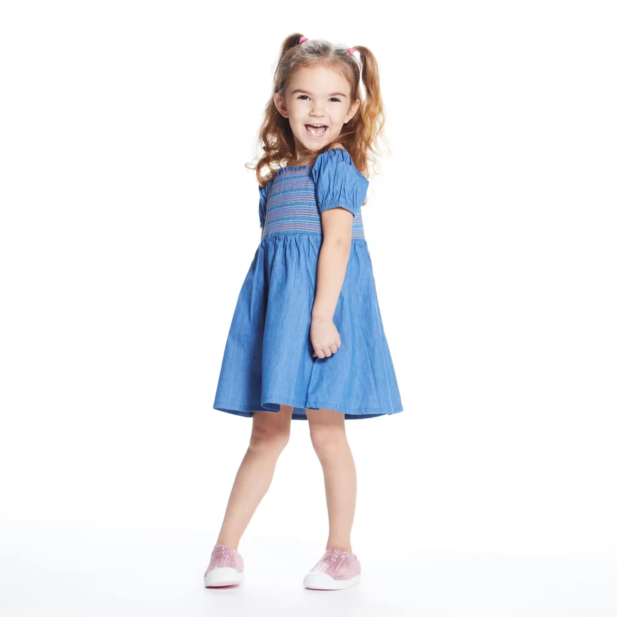 Custom Soft Denim Dress for Toddler Baby Girls Dress Summer Puffy Sleeve Girls Smocked Dresses With Colorful Threads