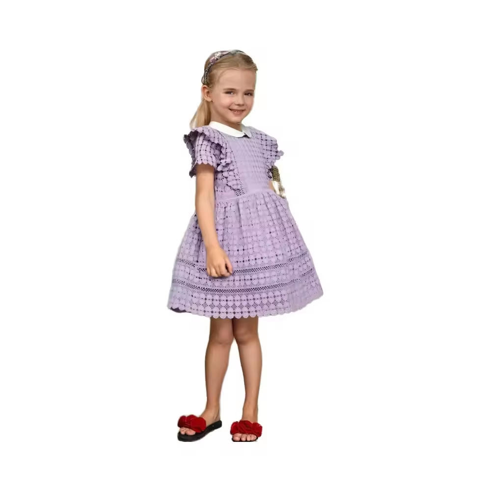 Openwork Crocheted Dress for 4-Year-Old Girls with Floral Embroidery Lace Decoration Short Sleeve Design-for Summer