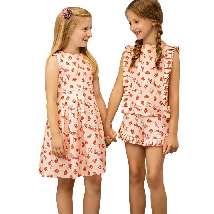 Fashion Cute Printing Pattern Sleeveless Girls Dresses Kids New Design Shirt and Shorts Matching Baby Girls' Clothing Sets