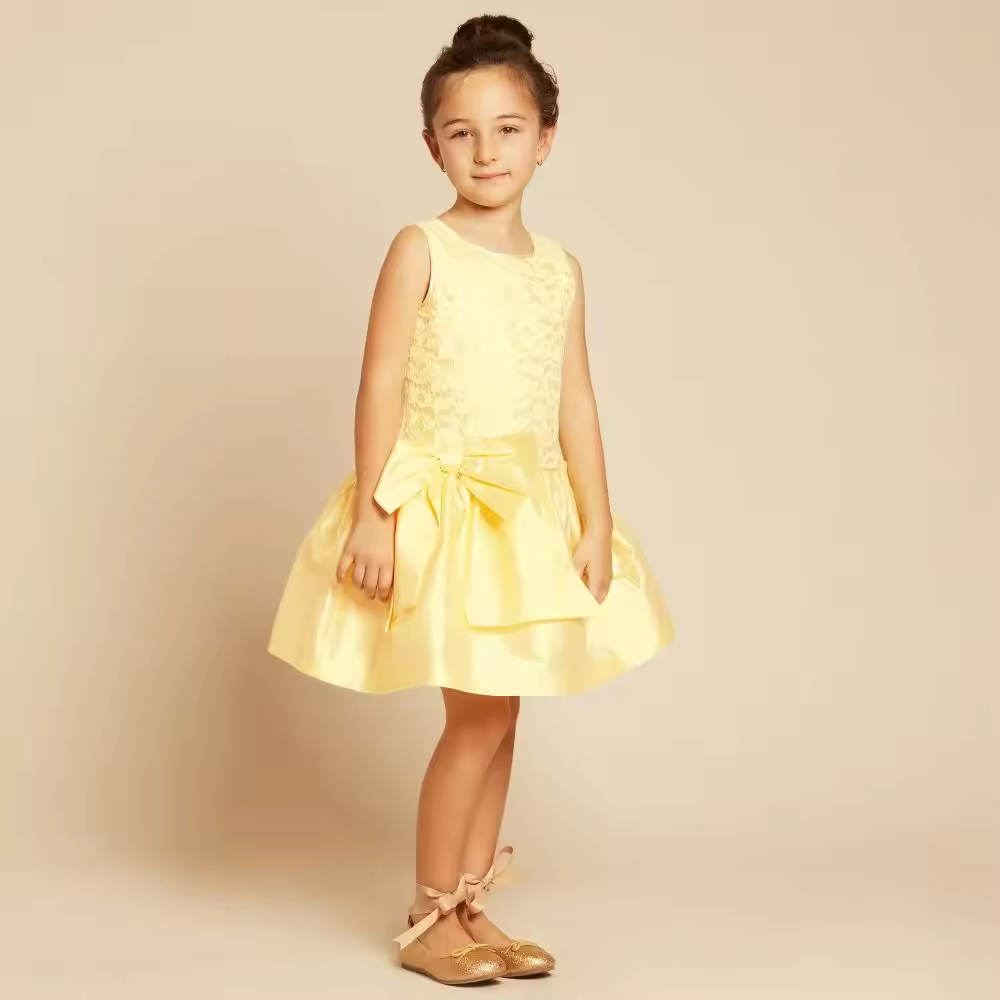 Jacquard Floral Printed 100% Cotton Girl Dress Teens Short Mini O-Neck Sleeveless Bow Decoration Summer Floral Dress Children