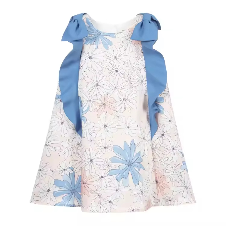 Wholesale Satin Fabric Children Baby Elegant Style Print Flower Pink Sleeveless Summer Dress Girls Party Dresses With Bow