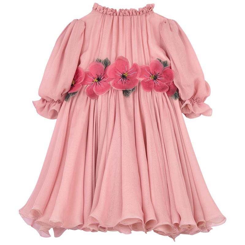 China Manufacturer's Girls Evening Dress for Birthday Formal Chiffon with Solid Pattern Flower Decoration for Autumn Season