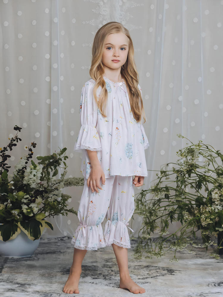 Custom New Girls Satin Pajamas Set Long Sleeve Floral Printed Comfortable Loose Sleepwear for Spring Custom Kids Baby Clothes