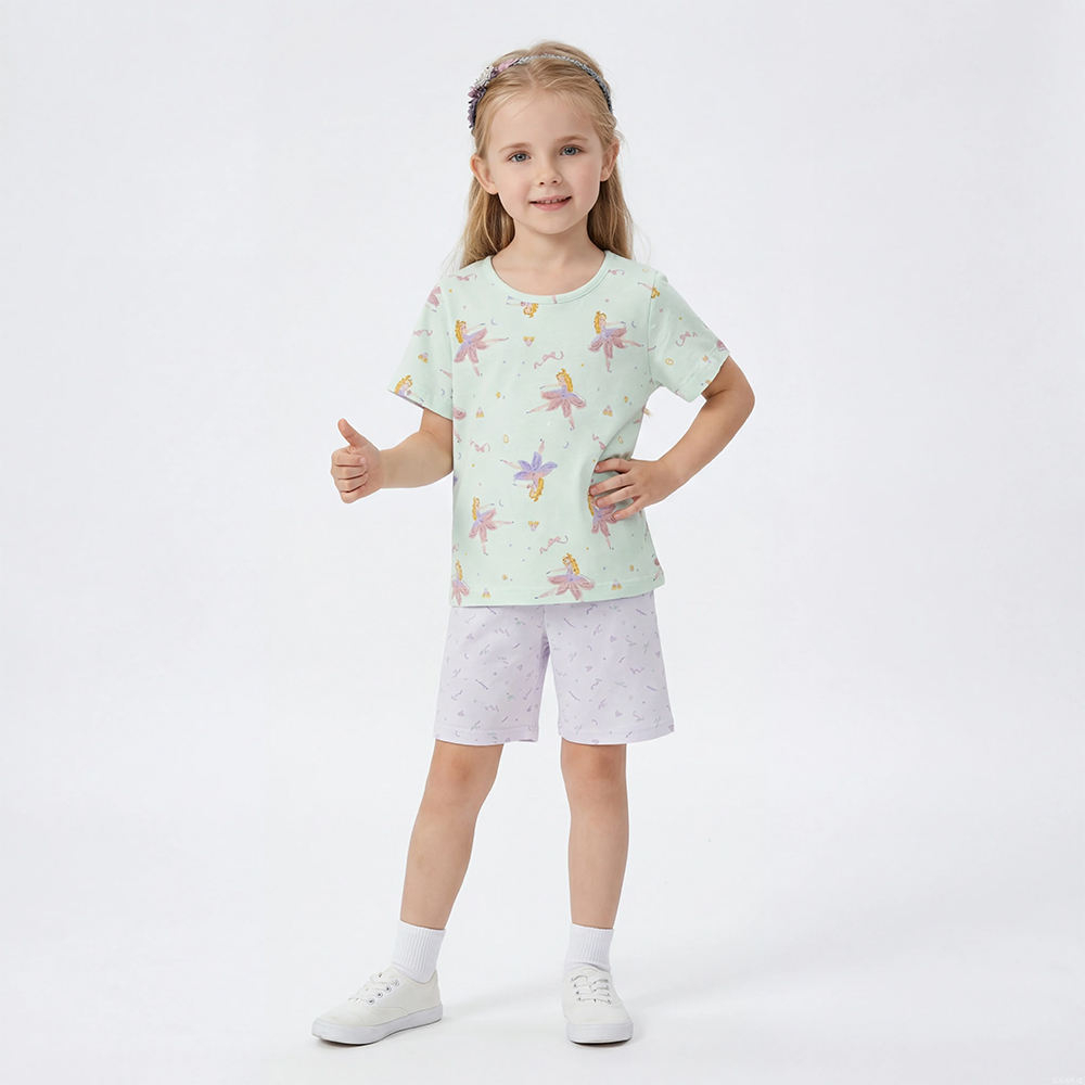 NEW Custom Summer Floral Ballerina Print Lightweight Cotton Pajama Set Short Sleeve Sleepwear for Toddler Girls OEM