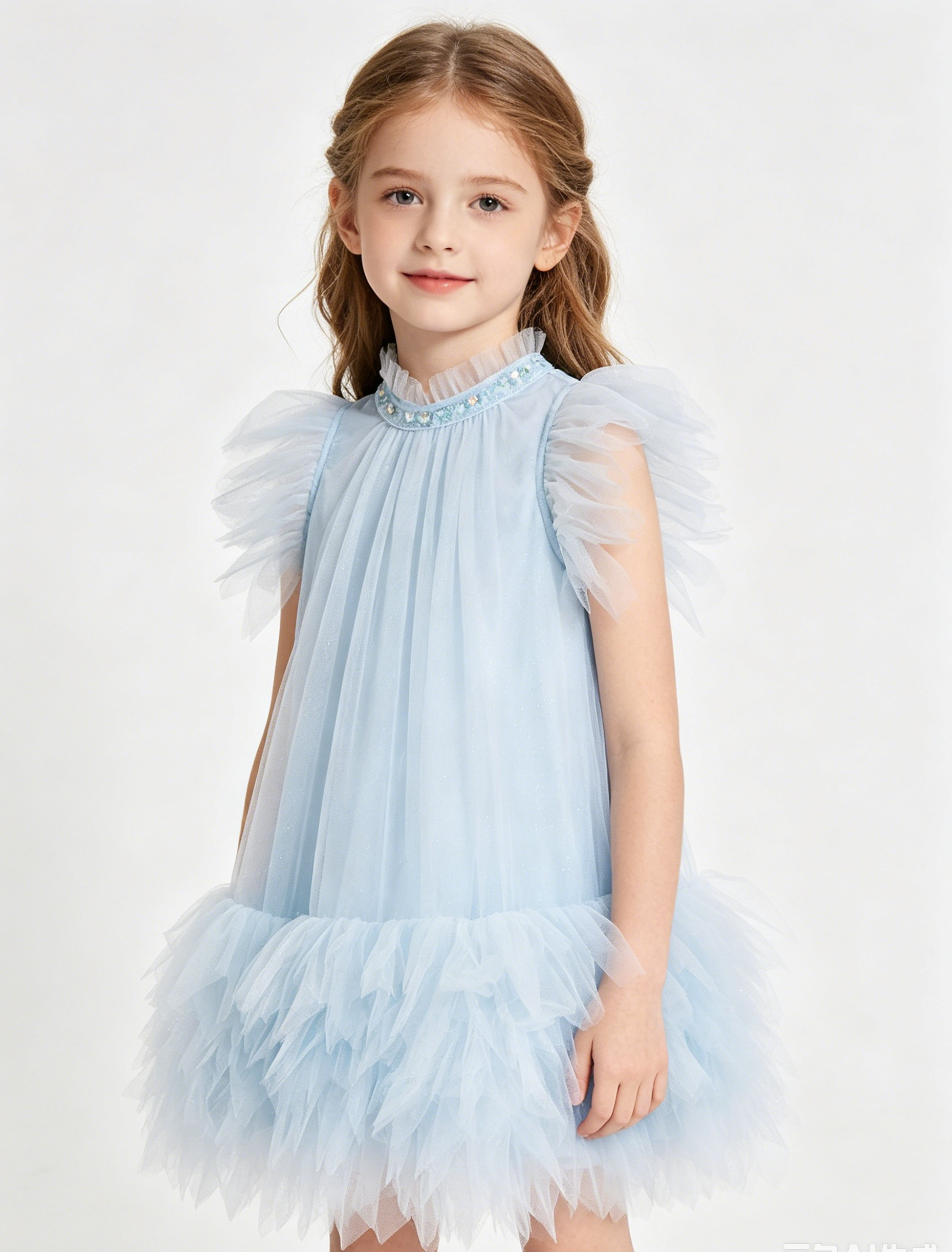 Girls 14 Years Summer Casual Sleeveless Chiffon A-Line Knee-Length Dress O-Neck Feather Decoration Breathable 100% Polyester